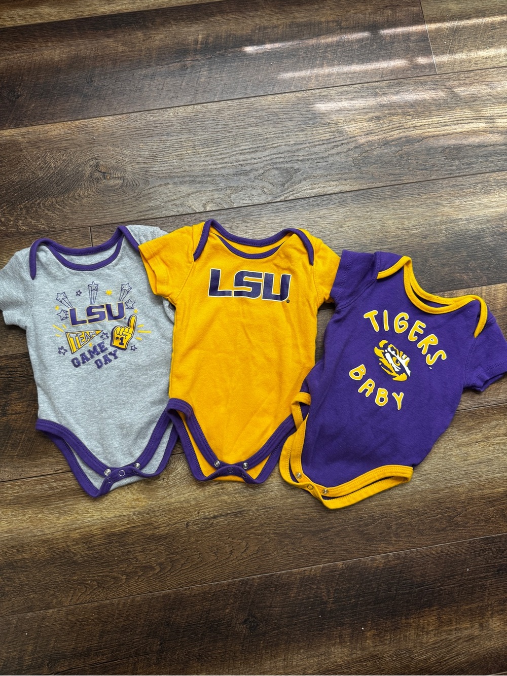 3 LSU Tiger unisex 12 month onsies